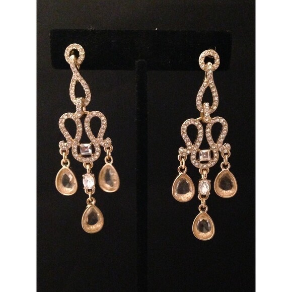 Designer Statement Earrings Gold Tone Crystal Chandelier Bridal Prom 8H - Picture 4 of 5